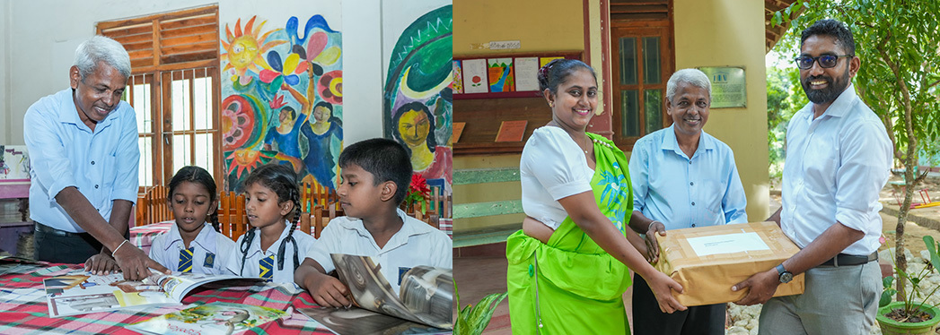 Students exploring Room to Read children's books in Sri Lanka with teacher