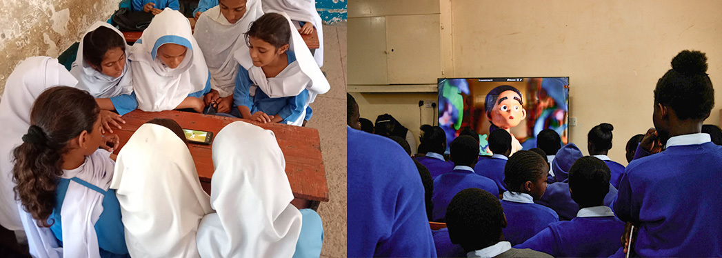 Students in Pakistan and Kenya watching She Creates Change