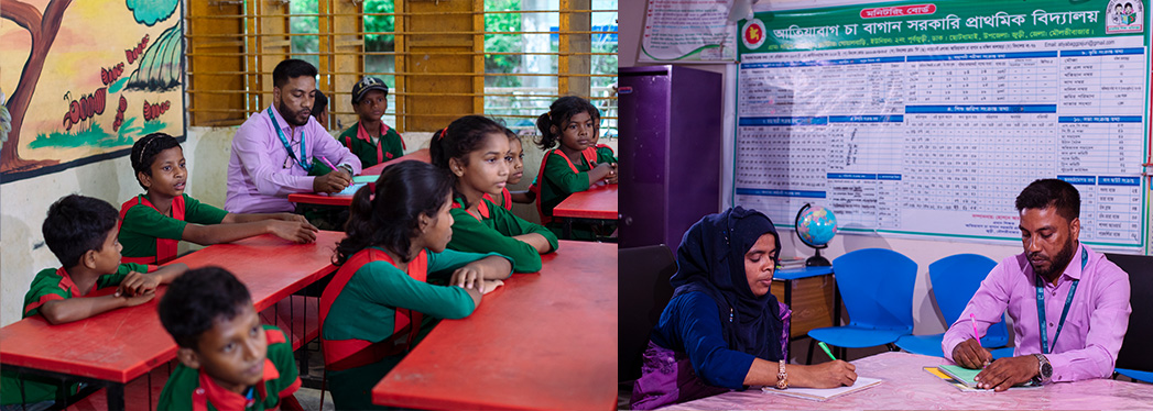Educator monitoring a Room to Read Bangladesh classroom and reviewing the lesson with the teacher