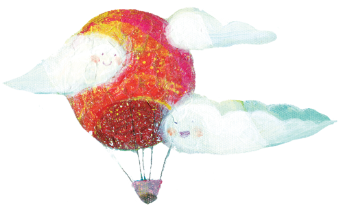 Illustrated hot air balloon flying in the sky among the clouds from Room to Read children's book