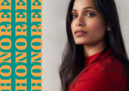 Portrait of Frieda Pinto with text "HONOREE"