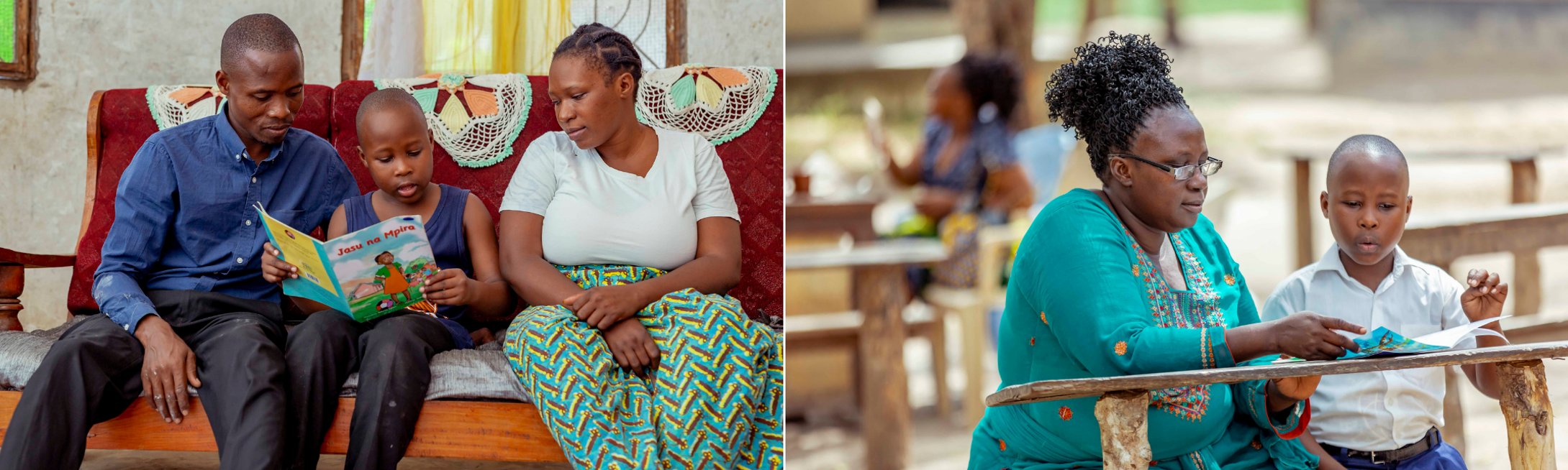 Left: “Joshua reads his favorite book, Jasu na Mpira, to his parents. The story follows a child named Jasu who likes balls and makes one of her own.” Right: “Joshua reads a story to Mrs. Emmaculata outside of the library. The book is called Viumbe hai katika Maji. The story narrates the Marine ecosystems and different types of fish species.”
