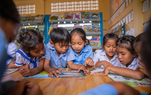 Literacy Program students in a Cambodian library