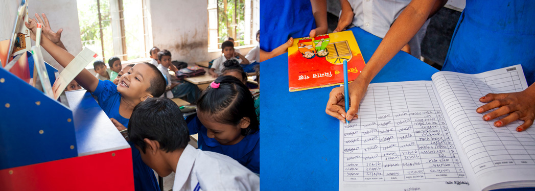 Students in Bangladesh choosing books and checking out books from Room to Read library