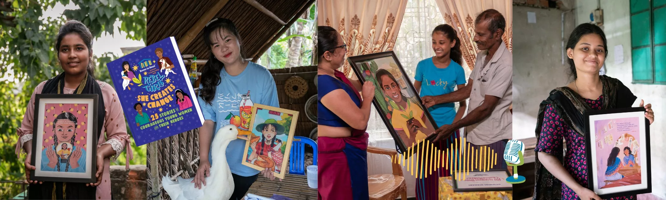 4 photos of girls from Bangladesh, Vietnam and Sri Lanka in a row holding up their framed illustrated portraits