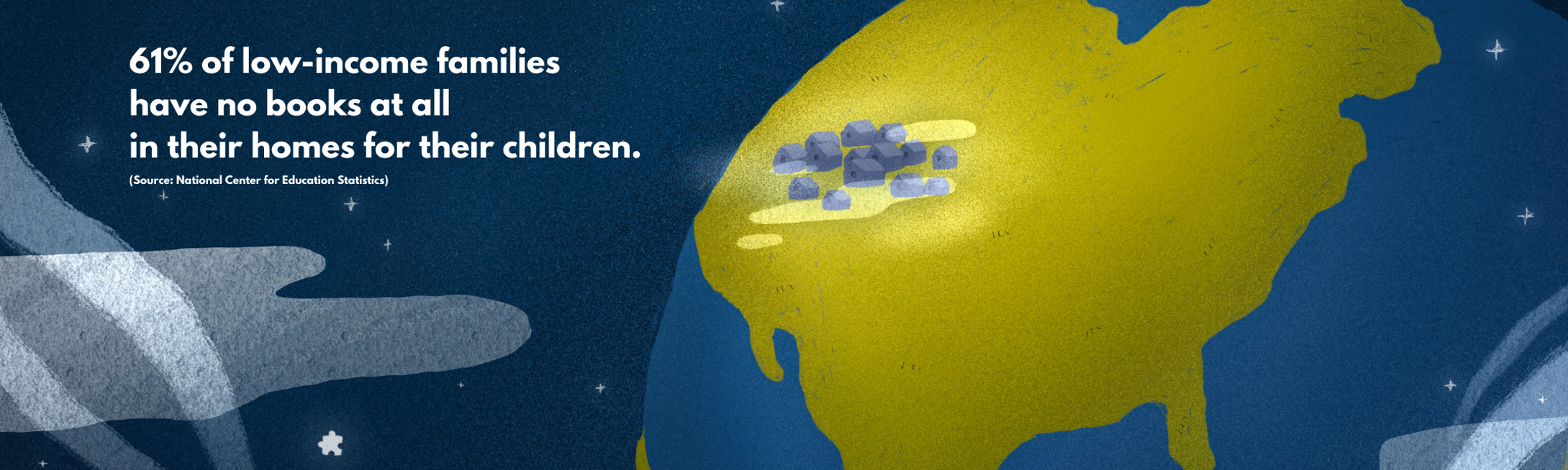 Illustrated map of USA from space with statistc: 61% of low-income families have no books at all in their homes for their children. (Source: National Center for Education Statistics)