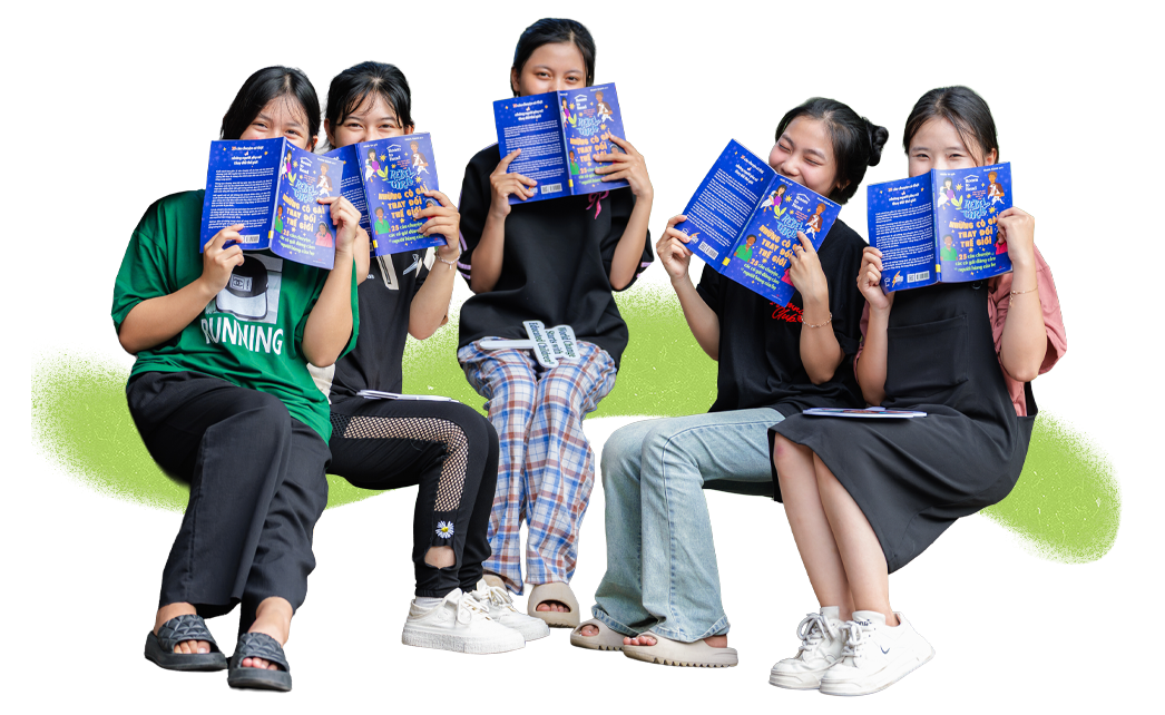 Vietnamese students reading She Creates Change book