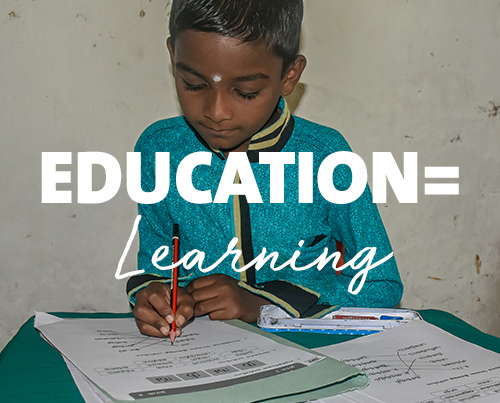 Students at table doing homework with text "Education = Learning"
